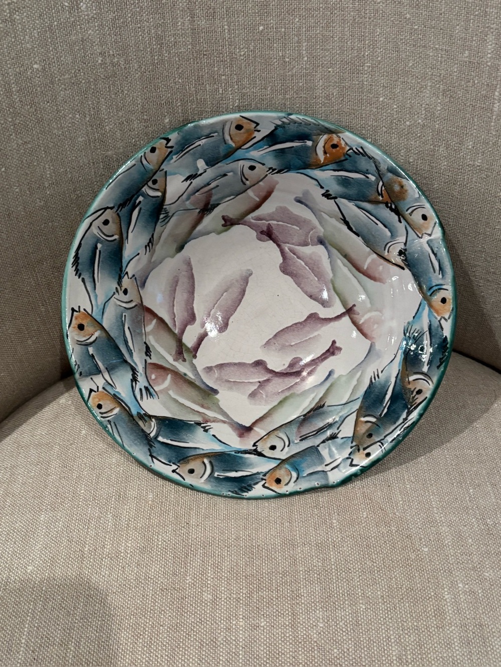 Hand-Painted Fish Motif Ceramic Bowl - Blue, White and Lavender